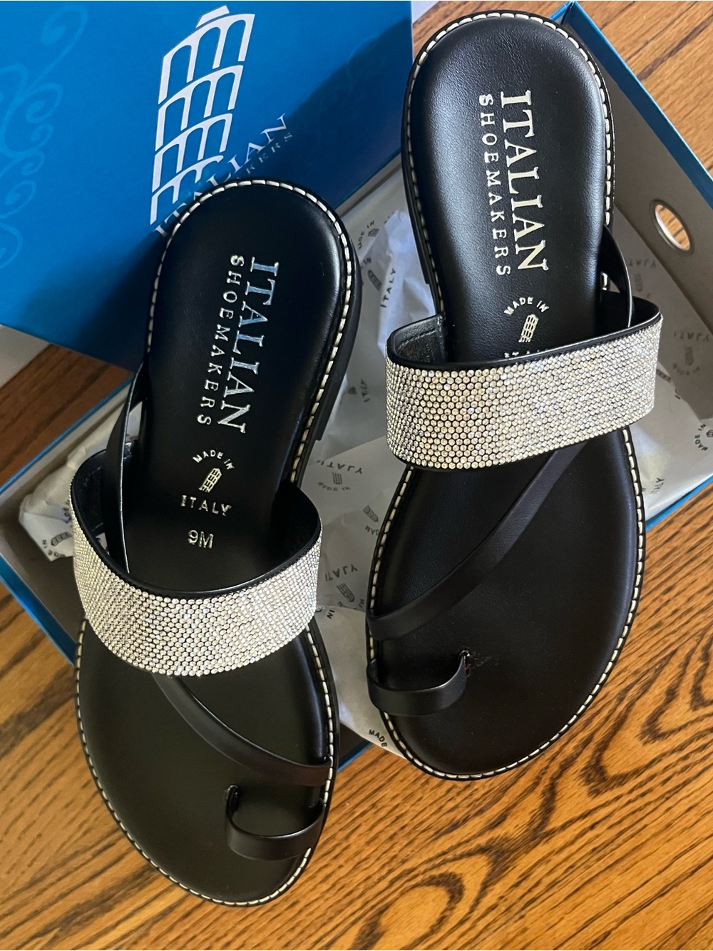 Italian Shoemakers Black Crystal Slide Toe-Ring Sandals NIB